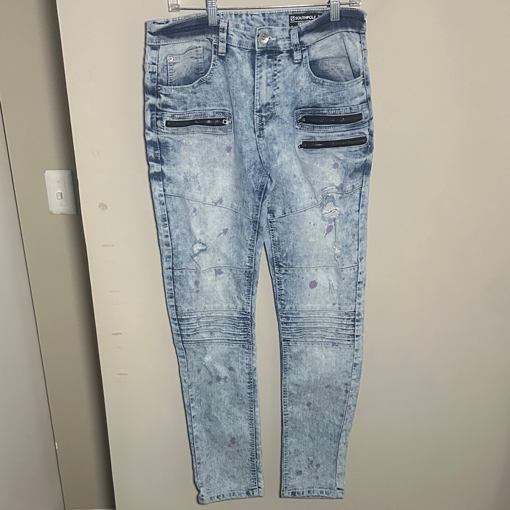 South Pole Light Blue Skinny Jeans with Zipper Details and purple splatter